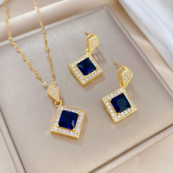 Elegant Gold Plated Exquisite Blue Zircona Emeralds Jewelry Set for Girls and Women