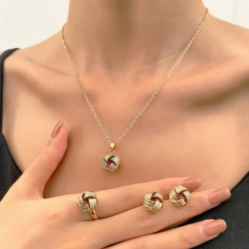 Trendy 3D Knot Jewelry Set for Women Containing Ring, Earrings and Necklace.